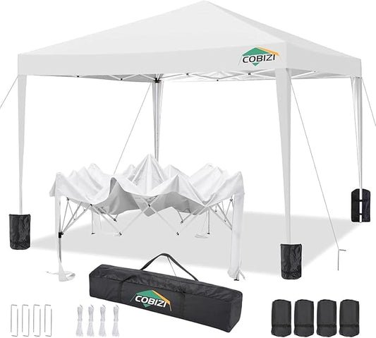 COBIZI 10x10 Pop Up Canopy Tent with 4 Sandbags, Easy Set Up Gazebo, Instant Outdoor Sun Shade &Waterproof Canopy with 8 Stakes,4 Ropes&Carry Bag, Tents for Parties, Beach, Backyard,Camping(White