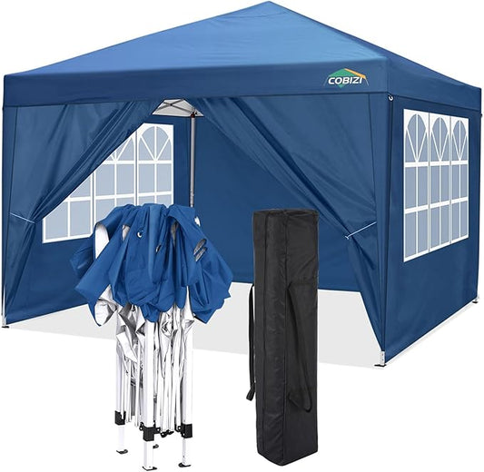 COBIZI Canopy 10x10 Pop Up Canopy Tent with 4 Sidewalls, 10x10 Easy Up Canopy Waterproof Commercial Outdoor Gazebo Portable Shelter Instant Tents for Parties,Backyard(with Carrying Bag,Blue