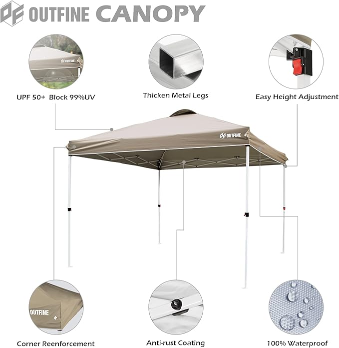 OUTFINE Pop-up Instant Gazebo Canopy 10x10 Patio Tent with Wheeled Bag,Canopy Sandbags x4,Tent Stakesx8 (Khaki, 10*10FT)