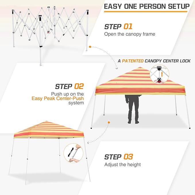 EAGLE PEAK 10x10 Slant Leg Pop-up Canopy Tent Easy One Person Setup Instant Outdoor Beach Canopy Folding Portable Sports Shelter 10x10 Base 8x8 Top (Orange Yellow Stripe)