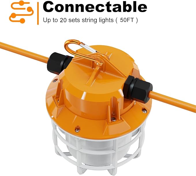 NS 50FT Construction String Lights LED Industrial Grade Super Bright 5000K IP65 Linkable for Construction Sites, Temporary Work, Renovation, Jobsite, All Outdoor Lighting, with 5 Bulbs and Hook