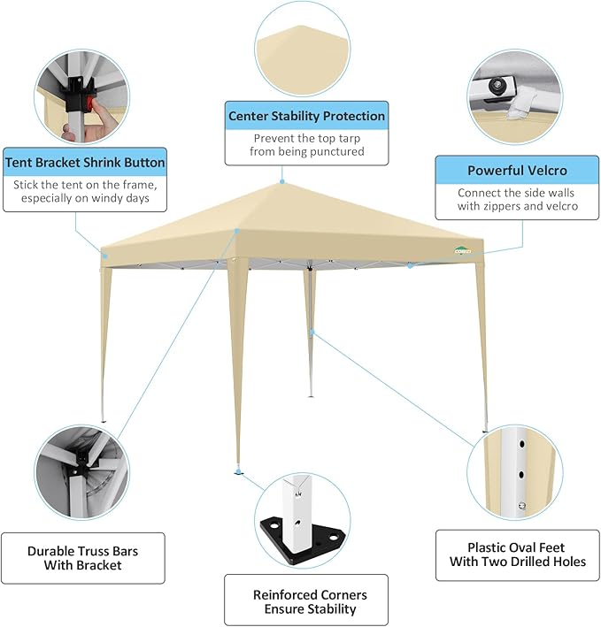 COBIZI 10x10 Pop Up Canopy Tent with 4 Sidewalls,10x10 Easy Up Waterproof Canopy Tents for Parties Camping Exhibition, Outdoor Easy Set U Gazebo Tent with Carry Bag,8 Stakes & 4 Ropes(Khaki