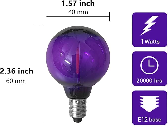 Dark Purple Light Bulbs Plastic 1 Watt G40 LED Replacement Bulbs for Indoor Outdoor String Lights, Shatterproof Waterproof E12 Base Filament Edison Christmas Halloween Light Bulbs,15 Pack