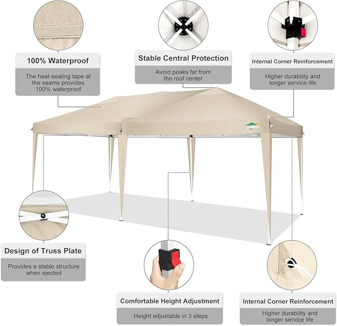 COBIZI Canopy 10x20 Pop Up Canopy Tent 10x20ft Waterproof Easy Up Tents for Parties Wedding Outdoor Commercial Event Gazebo Portable Instant Tent for Backyard Camping Car Port(Khaki