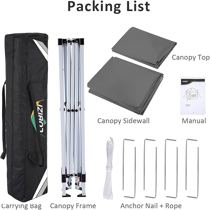 COBIZI 10x10 Pop Up Canopy Tent with 4 Removable Sidewalls, Easy Up Waterproof Sun Shade Tents for Parties Camping Exhibition, Commercial Event Gazebo with Carry Bag,8 Stakes & 4 Ropes (Gray