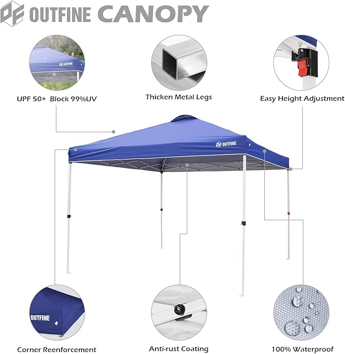 OUTFINE Pop-up Canopy 10x10 Patio Tent Instant Gazebo Canopy with Wheeled Bag,Canopy Sandbags x4,Tent Stakesx8 (Blue, 10 * 10FT)