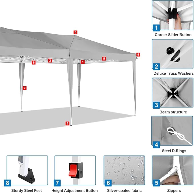 COBIZI 10x20 Pop Up Canopy Tent with 6 Sidewalls Easy Pop Up Tent 10x20 Waterproof Commercial Instant Shelter UPF 50+ Portable Gazebo Wedding Tents for Parties Carport Vender Events, Gray
