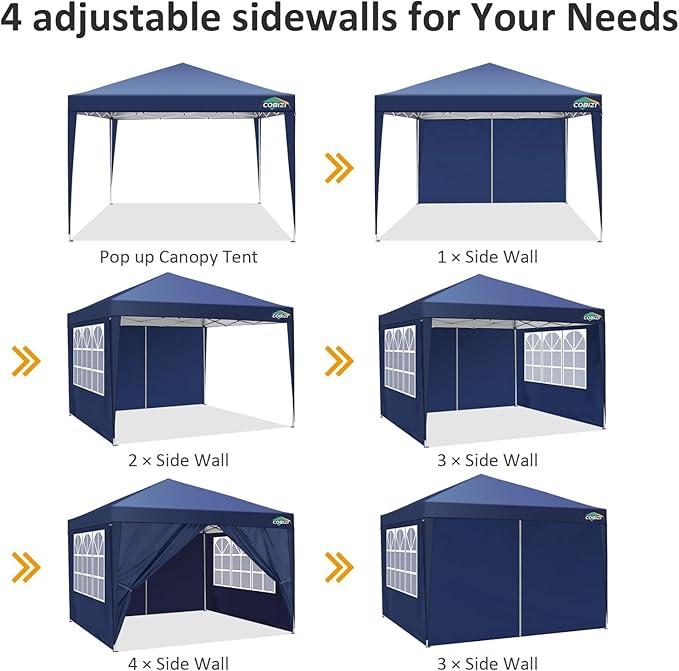 COBIZI 10x10 Pop Up Canopy Tent with 4 Removable Sidewalls, Easy Up Waterproof Sun Shade Tents for Parties Camping Exhibition, Commercial Event Gazebo with Carry Bag,8 Stakes & 4 Ropes (Navy Blue