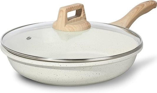 ESLITE LIFE Nonstick Ceramic Frying Pan Skillet with Lid, Non-Toxic Egg Omelette Kitchen Cooking Pans Compatible with All Stovetops (Gas, Electric & Induction), PTFE & PFOA Free (White, 9.5" w/Lid)