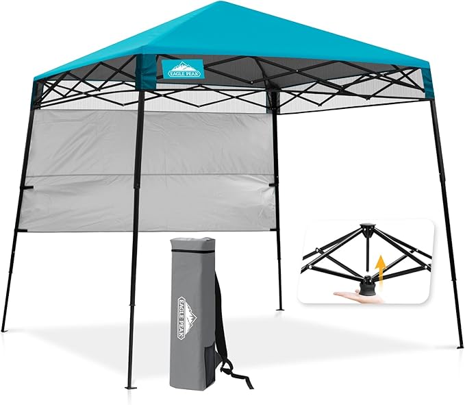 EAGLE PEAK 8x8 Pop Up Canopy Tent with Sidewall, Compact, Portable Slant Leg Instant Sun Shelter for Beach, Sports, & Camping, 8x8 Base 6x6 Top, Turquoise