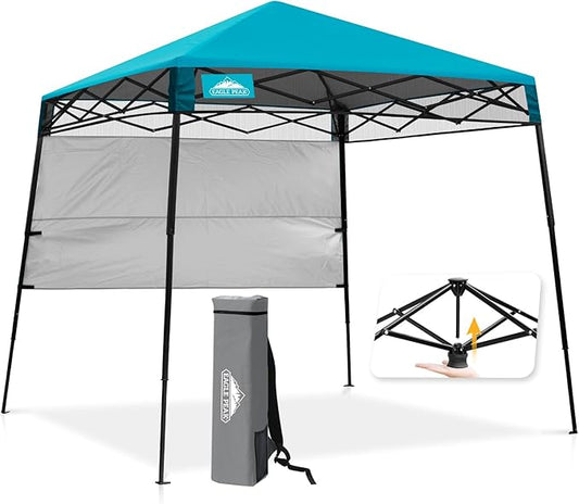EAGLE PEAK 8x8 Pop Up Canopy Tent with Sidewall, Compact, Portable Slant Leg Instant Sun Shelter for Beach, Sports, & Camping, 8x8 Base 6x6 Top, Turquoise