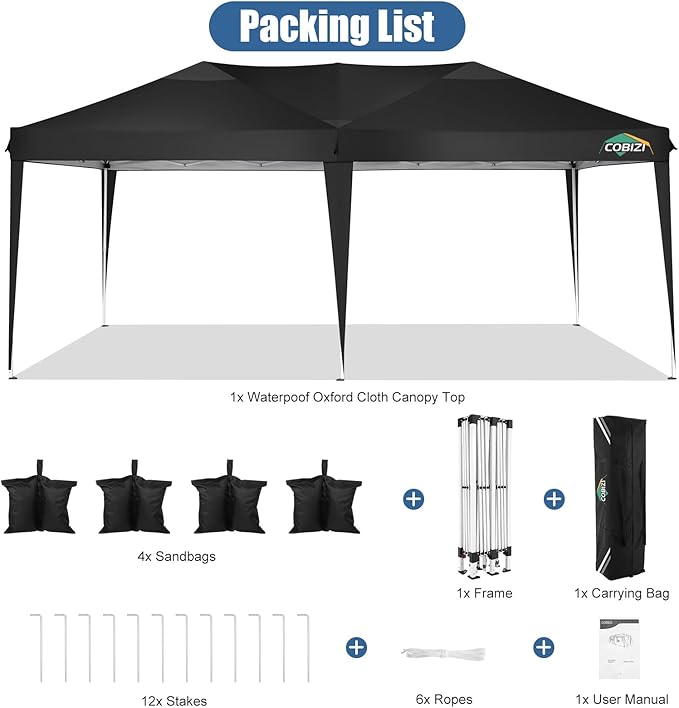 COBIZI 10x20 Pop Up Canopy Tent One Push Setup UV Protection 50+ Waterproof Party Tents for Parties Wedding Outdoor Commercial Event Gazebo Portable Instant Tent for Backyard Camping Carport,Black