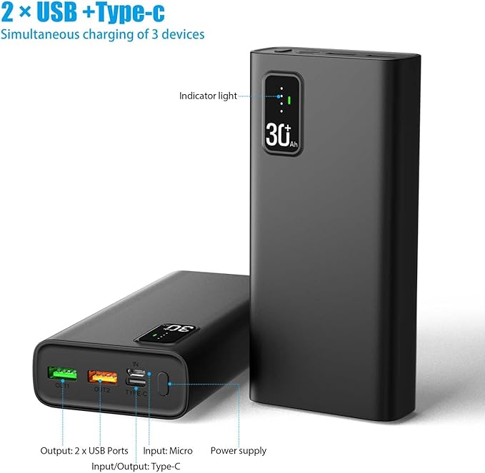 Portable Charger, Power Bank 30000mAh,QC 3.0 22.5W & PD 20W Fast Charge Power Bank Battery Pack LED Lighting Battery Pack with USB C/USB A Output, for Smartphone, Smartwatch,Tablet, Camera