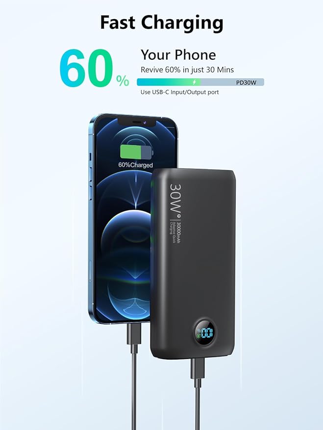 Portable Charger 30,000mAh-Output Input USB C Fast Charging LED Display SCP22.5W PD3.0 QC4.0 Power Bank, Flashlight External Battery Pack for iPhone, Samsung Galaxy, LG, and More Black