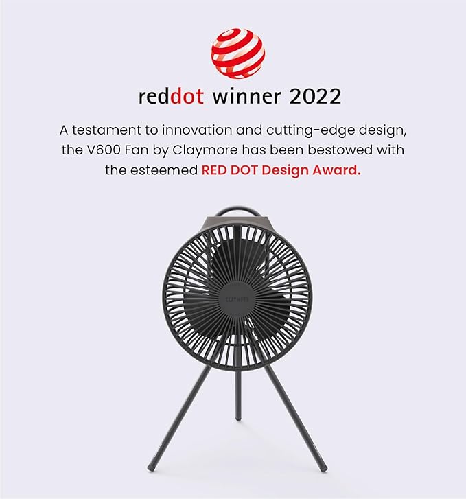 Claymore V600+ Rechargeable Camping Fan (Warm Grey) – 7,800 mAh Battery Operated Portable Fan for Indoor & Outdoor Use, 4-Speed Quiet Air Circulator, USB‑C Charging, Timer, Carry Pouch Included