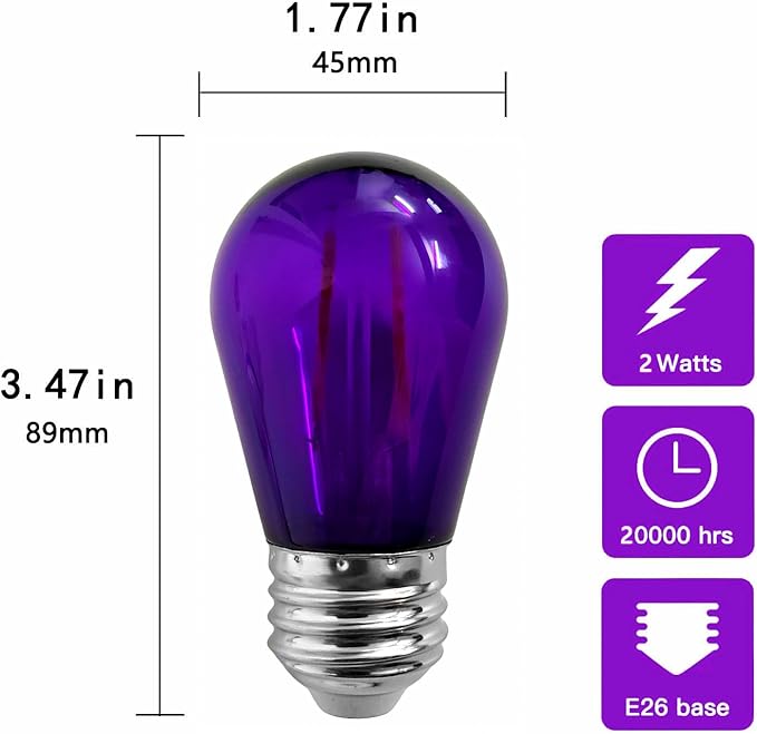 Purple Light Bulbs Plastic 2 Watt S14 LED Replacement Bulbs for Indoor Outdoor String Lights, Shatterproof Waterproof E26 Base Filament Edison Christmas Halloween Light Bulbs,15 Pack