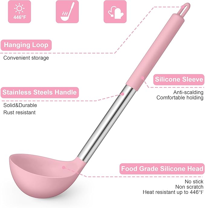 LIANYU 15 Piece Cooking Utensils Set with Stainless Steel Handle, Silicone Kitchen Gadgets with Holder, Heat Resistant Spatula Spoon Turner Tong Whisk Brush Tools for Cooking, Dishwasher Safe, Pink