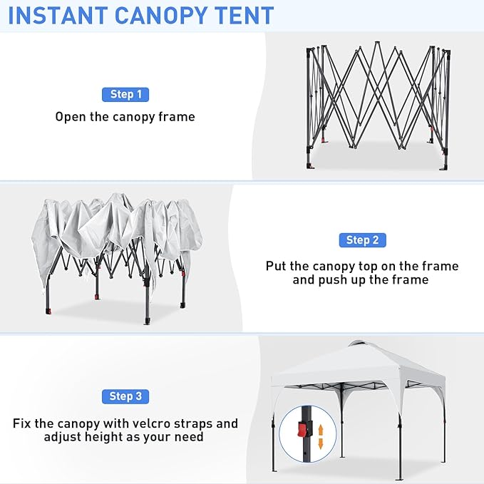 Pop Up Canopy, 10x10 FT Instant Outdoor Canopy Tent with Carrying Bag, 3 Adjustable Heights - Portable for Event, Parties, Camping and More Outdoor Activities