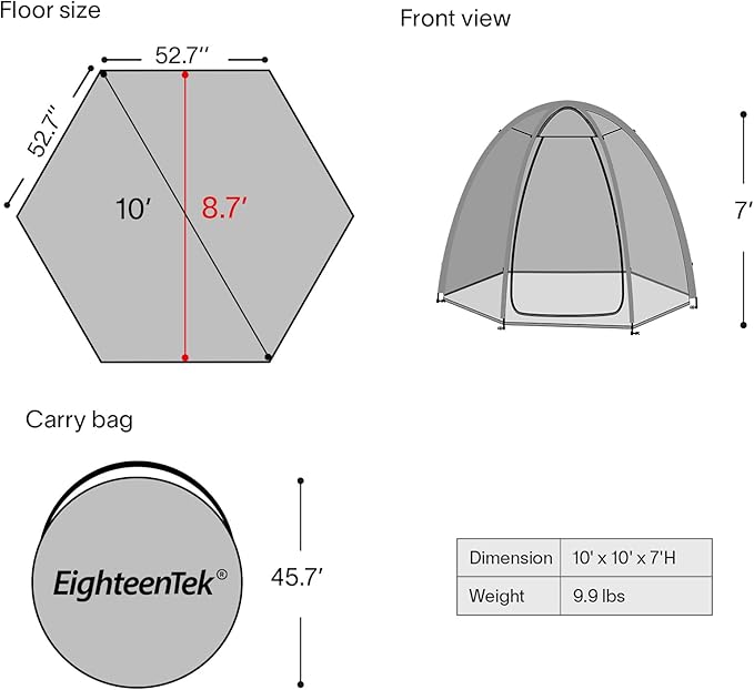 EighteenTek Screen House Gazebo, 2-4-6 Person Pop Up Screen Tent, Instant Screen Room with Carry Bag, Outdoor Mosquito Tent, Sun Shade Shelter for Patio, Garden, Backyard, Deck & Outdoor Activities