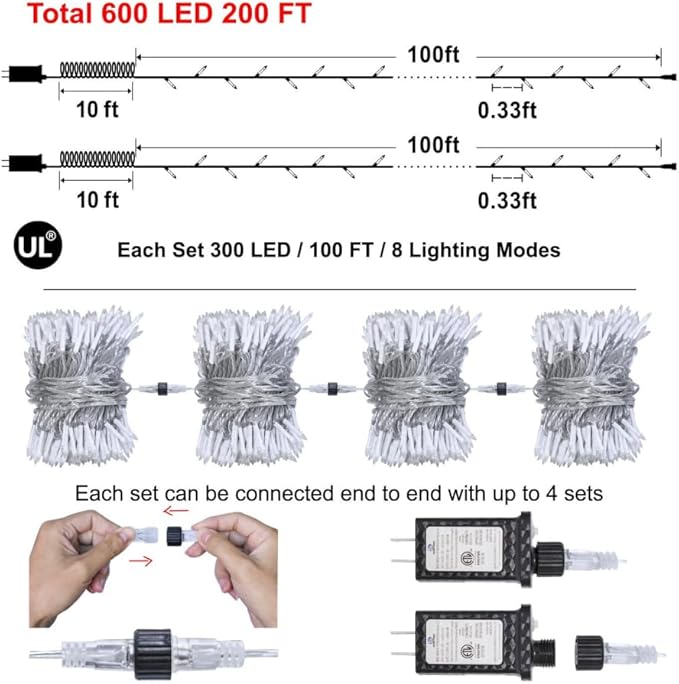 2 Pack Total 200FT 600 LED Christmas String Lights, Fairy Tree Lights Indoor Outdoor Connectable, 8 Modes & Timer LED String Lights for Bedroom, Home, Tree, Yard, Door, Wedding, Xmas Decore (Red)