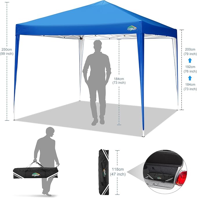 COBIZI 10x10 Pop Up Canopy Tent with 4 Sandbags, Easy Set Up Tent, Instant Outdoor Sun Shelter Canopy with 8 Stakes,4 Ropes&Carry Bag, Tents for Parties, Beach, Backyard,Camping（Blue
