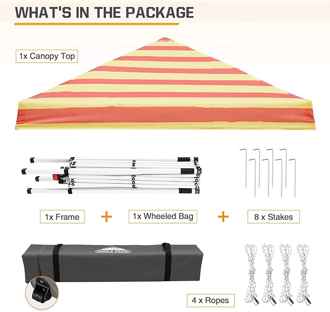 EAGLE PEAK 10x10 Slant Leg Pop-up Canopy Tent Easy One Person Setup Instant Outdoor Beach Canopy Folding Portable Sports Shelter 10x10 Base 8x8 Top (Orange Yellow Stripe)