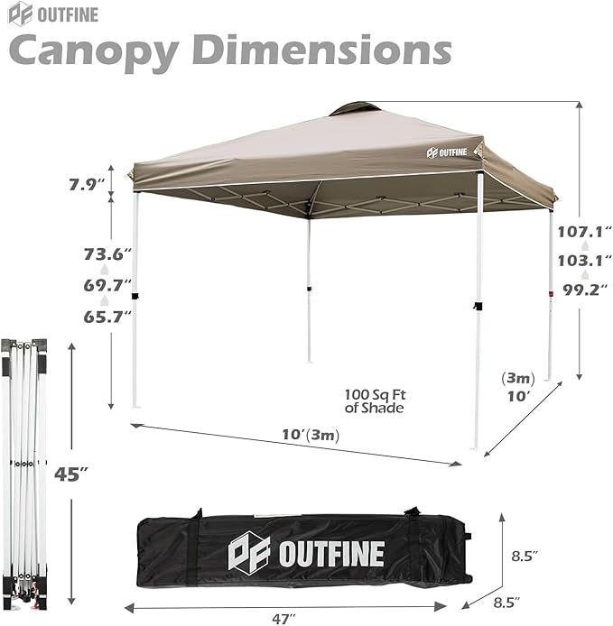 OUTFINE Pop-up Instant Gazebo Canopy 10x10 Patio Tent with Wheeled Bag,Canopy Sandbags x4,Tent Stakesx8 (Khaki, 10*10FT)