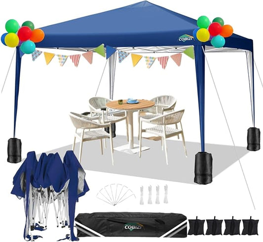 COBIZI 10x10 Pop Up Canopy Tent with 4 Sandbags, Easy Set Up Gazebo, Instant Outdoor Sun Shade &Waterproof Canopy with 8 Stakes,4 Ropes&Carry Bag, Tents for Parties, Beach, Backyard,Camping(Navy Blue