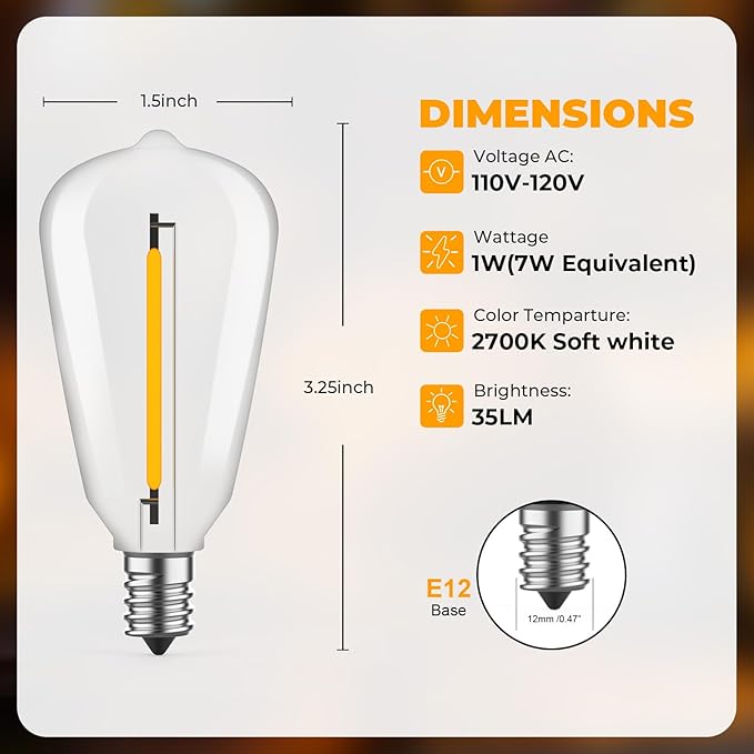 24 Pack LED ST38 Replacement Bulbs, 1 Watt E12 LED Bulb 2700K Warm White, Vintage Dimmable Shatterproof Bulbs for Indoor Outdoor Patio Garden String Lights, Dimmable