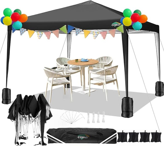 COBIZI 10x10 Pop Up Canopy Tent with 4 Sandbags, Easy Set Up Tent, Instant Outdoor Sun Shelter Canopy with 8 Stakes,4 Ropes&Carry Bag, Tents for Parties, Beach, Backyard,Camping(Black