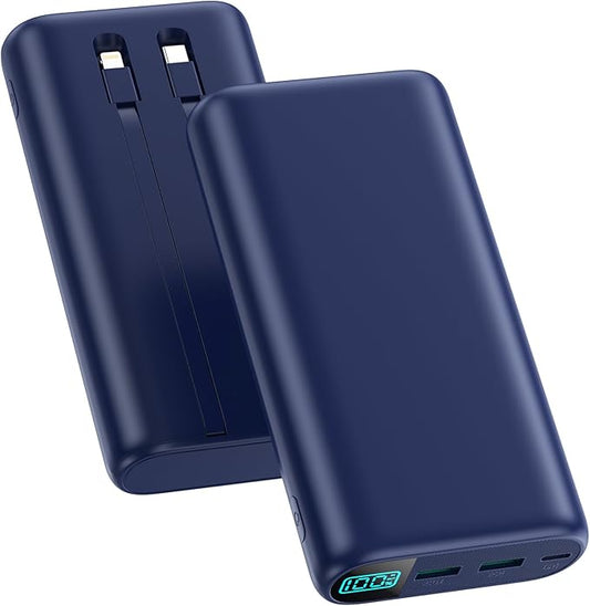 Portable Charger 40,800mAh Power Bank with Built-in Cables,5 USB Output Battery Pack Backup,25W PD USB-C in&out Phone Charging Compatible with iPhone 16/15 Pro,Android Samsung Galaxy Pixel Nexus-Blue