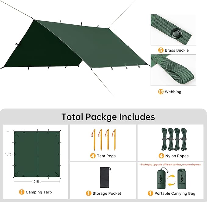 FREE SOLDIER Camping Tarp Waterproof Portable Multifunctional Outdoor Traveling Awning Backpacking Shelter Rain Tarp (Lake Green 10×10.5ft)