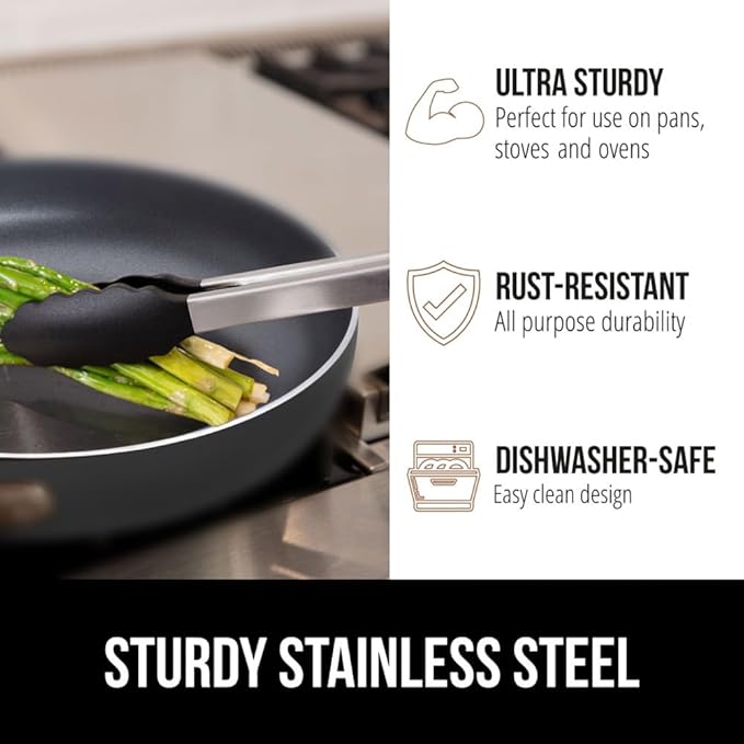 GORILLA GRIP Stainless Steel Heat Resistant Kitchen Tongs for Cooking, 7 + 9 + 12 Inch Set of 3 BBQ Tong, Non Scratch Silicone Tip for Pans, Strong Grip, Grab Food, Toss Salad, Pull Lock, Black