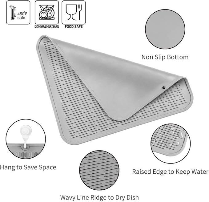 Silicone Dish Drying Mat for Multiple Usage,Easy clean,Eco-friendly,Heat-resistant Silicone Mat for Kitchen Counter or Sink,Refrigerator or Drawer Liner Grey XL 18 inches x 16 inches