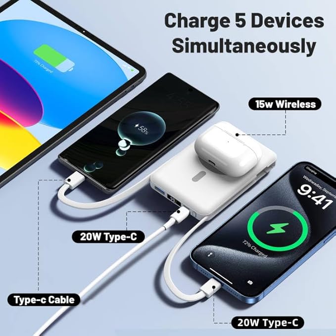 Azmuth for Magsafe Battery Pack, 10000mAh Magnetic Power Bank 22.5W PD Fast Charging with USB-C Cable LED Display Wireless Portable Charger with Stand for iPhone 16/15/14/13/12/Pro (White)