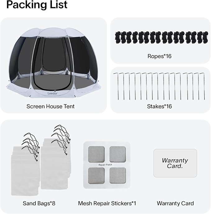 LEEDOR Pop Up Screen House, 6-10-15 Person Outdoor Screen Tent，Camping Screen Room with Carry Bag, Screened Gazebo with Mosquito Netting, Instant UV Resistant Sun Shelter for Garden, Patio, Backyard