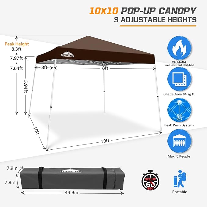 EAGLE PEAK 10x10 Slant Leg Pop-up Canopy Tent Easy One Person Setup Instant Outdoor Beach Canopy Folding Portable Sports Shelter 10x10 Base 8x8 Top (Brown)