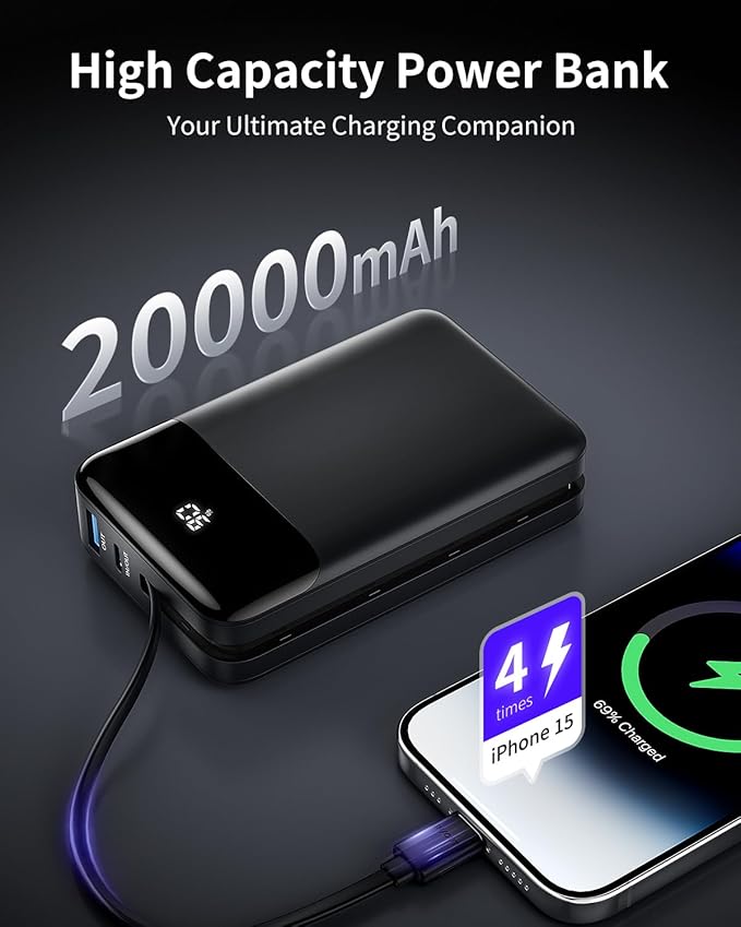 Power Bank,20000mAh 22.5W High-Speed Portable Phone Charger with Built-in USB-C Cable,PD 3.0+QC 3.0 Batterry Pack Compatible with iPhone 16/15/14 Series,Android,Switch,iPad,and More.