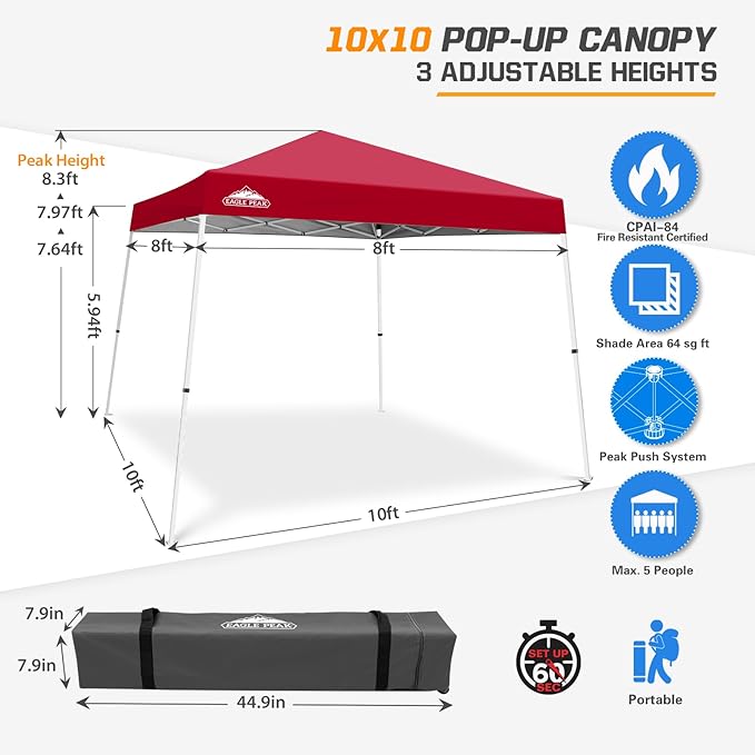 EAGLE PEAK 10x10 Slant Leg Pop-up Canopy Tent Easy One Person Setup Instant Outdoor Beach Canopy Folding Portable Sports Shelter 10x10 Base 8x8 Top (Red)
