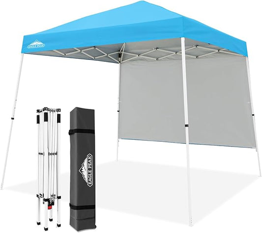 EAGLE PEAK 10x10 Pop Up Canopy Tent with Sidewall, Compact, Portable Slant Leg Instant Sun Shelter for Beach, Sports, & Camping, 10x10 Base 8x8 Top, Light Blue