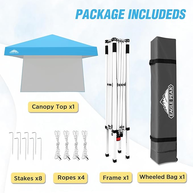 EAGLE PEAK 10x10 Pop Up Canopy Tent with Sidewall, Compact, Portable Slant Leg Instant Sun Shelter for Beach, Sports, & Camping, 10x10 Base 8x8 Top, Light Blue