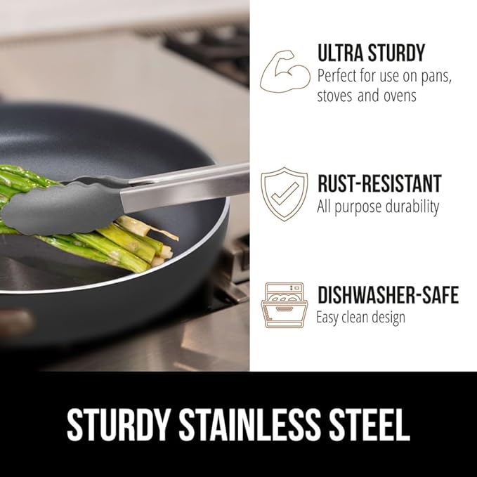 GORILLA GRIP Stainless Steel Heat Resistant Kitchen Tongs for Cooking, 9 + 12 Inch, Set of 2 BBQ Tong, Non Scratch Silicone Tip for Pan, Strong Grip, Grab Food, Toss Salad, Air Fryer, Pull Lock, Gray