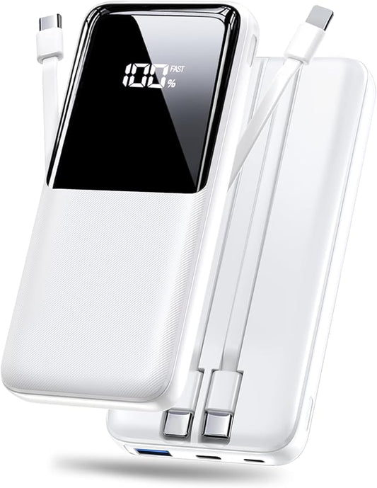Portable Charger Power Bank - 20000mAh Fast Charging Portable Battery Pack with Built in USB-C(22.5W) and iOS(20W) Output Cables Compatible with iPhone Android Samsung Phone etc (1 Pack, White)