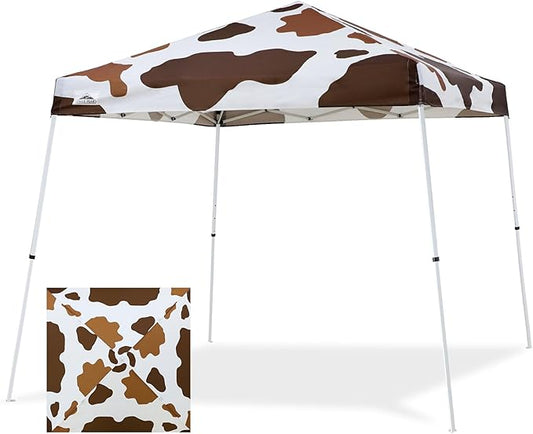 EAGLE PEAK 10x10 Slant Leg Pop-up Canopy Tent Easy One Person Setup Instant Outdoor Beach Canopy Folding Portable Sports Shelter 10x10 Base 8x8 Top (Brown Cow Print)