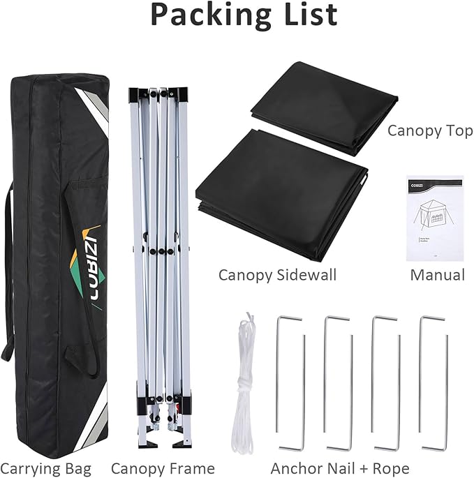 COBIZI 10x10 Pop Up Canopy Tent with 4 Sidewalls,10x10 Easy Up Waterproof Canopy Tents for Parties Camping Exhibition, Outdoor Easy Set U Gazebo Tent with Carry Bag,8 Stakes & 4 Ropes(Black