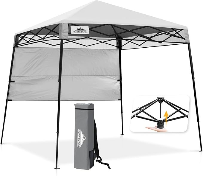 EAGLE PEAK 8x8 Pop Up Canopy Tent with Sidewall, Compact, Portable Slant Leg Instant Sun Shelter for Beach, Sports, & Camping, 8x8 Base 6x6 Top, White