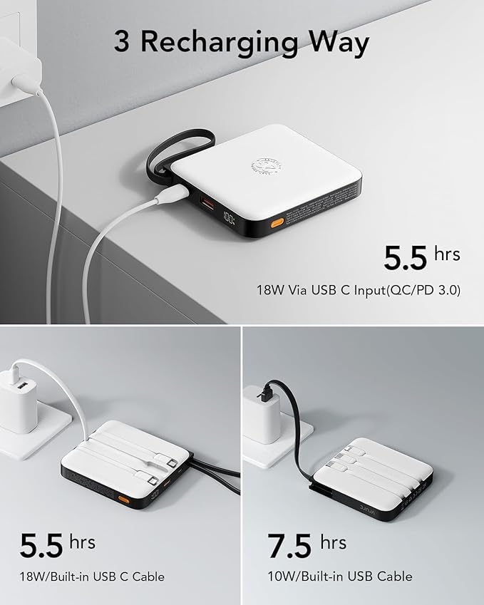VRURC 20000mAh Portable Charger with Built-in Cables, Travel Essentials, Power Bank PD 20W for iPhone Fast Charging Battery Pack, for iPhone 16 15 14 13 12 11 x Samsung Galaxy Series, White(1 Pack)