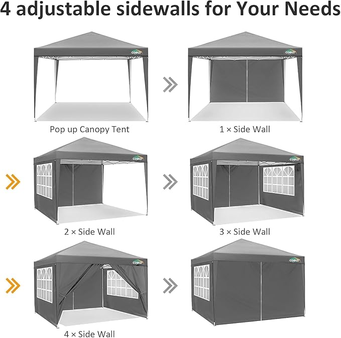 COBIZI 10x10 Pop Up Canopy Tent with 4 Removable Sidewalls, Easy Up Waterproof Sun Shade Tents for Parties Camping Exhibition, Commercial Event Gazebo with Carry Bag,8 Stakes & 4 Ropes (Gray