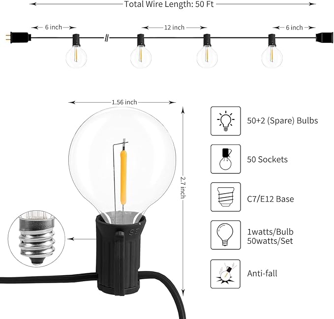 Brightown Led String Lights Outdoor 50Feet G40 Patio Lights with 52 Led Shatterproof Bulbs(2 Spare), Waterproof Led Globe Hanging Lights for Backyard Porch Bistro Balcony Decor, E12 Socket, 2200K
