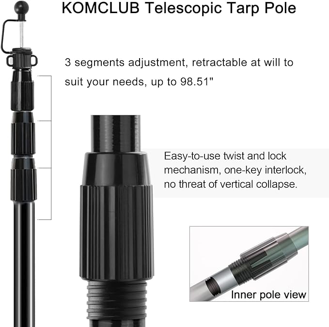 KOMCLUB Telescoping Tarp Poles Adjustable Tent Poles for Tarp Heavy-Duty Design Portable & Lightweight Fiberglass Tent Poles for Shelter Camping Awning 4 Sections Adjustable to 98.51 in(Set of 2)